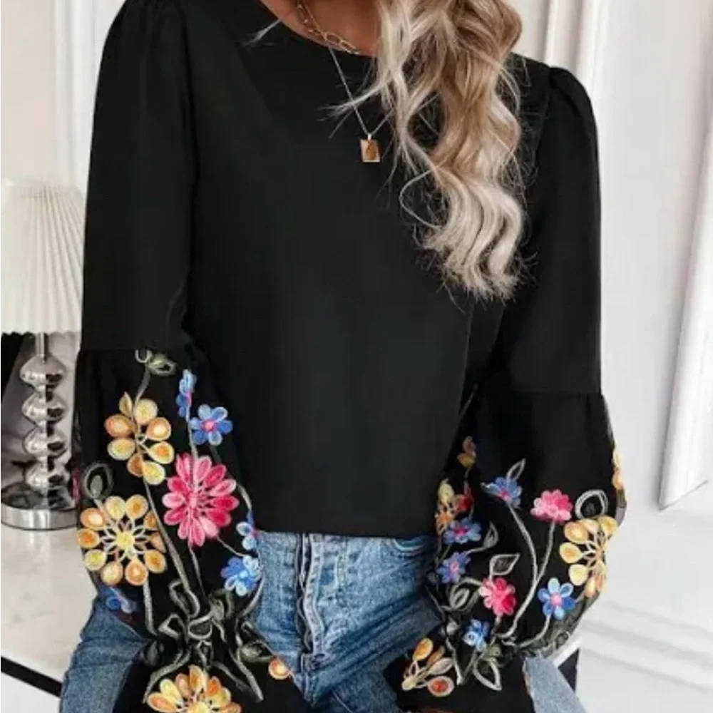 SHEIN Black Sheer Flowy Blouse with Colorful Lantern Embroidered Floral Sleeves - Picture 4 of 17